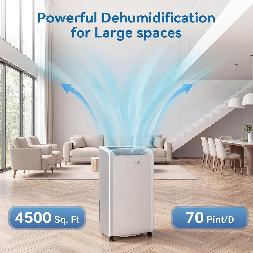 AIRPLUS 4,500 Sq.Ft 70 Pint Dehumidifier for Basements and Home-with Drain Hose,Efficient,Energy-with Dual Protection and 4 Smart Modes,24H Timer,Defrost,for Large room