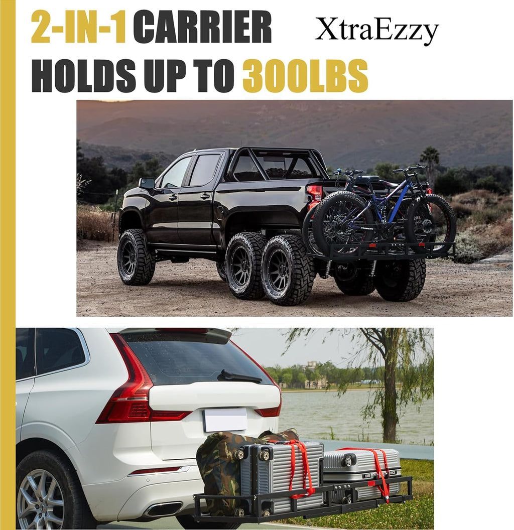Hitch-Mount Bike Rack for Ebike Heavy-Duty - Comes with Cargo Carrier Fits 2 Electric Fat-Tire Mountain Bicycles Fits 2' Receiver for Car Trailer SUV Truck RV Minivan (Gold)