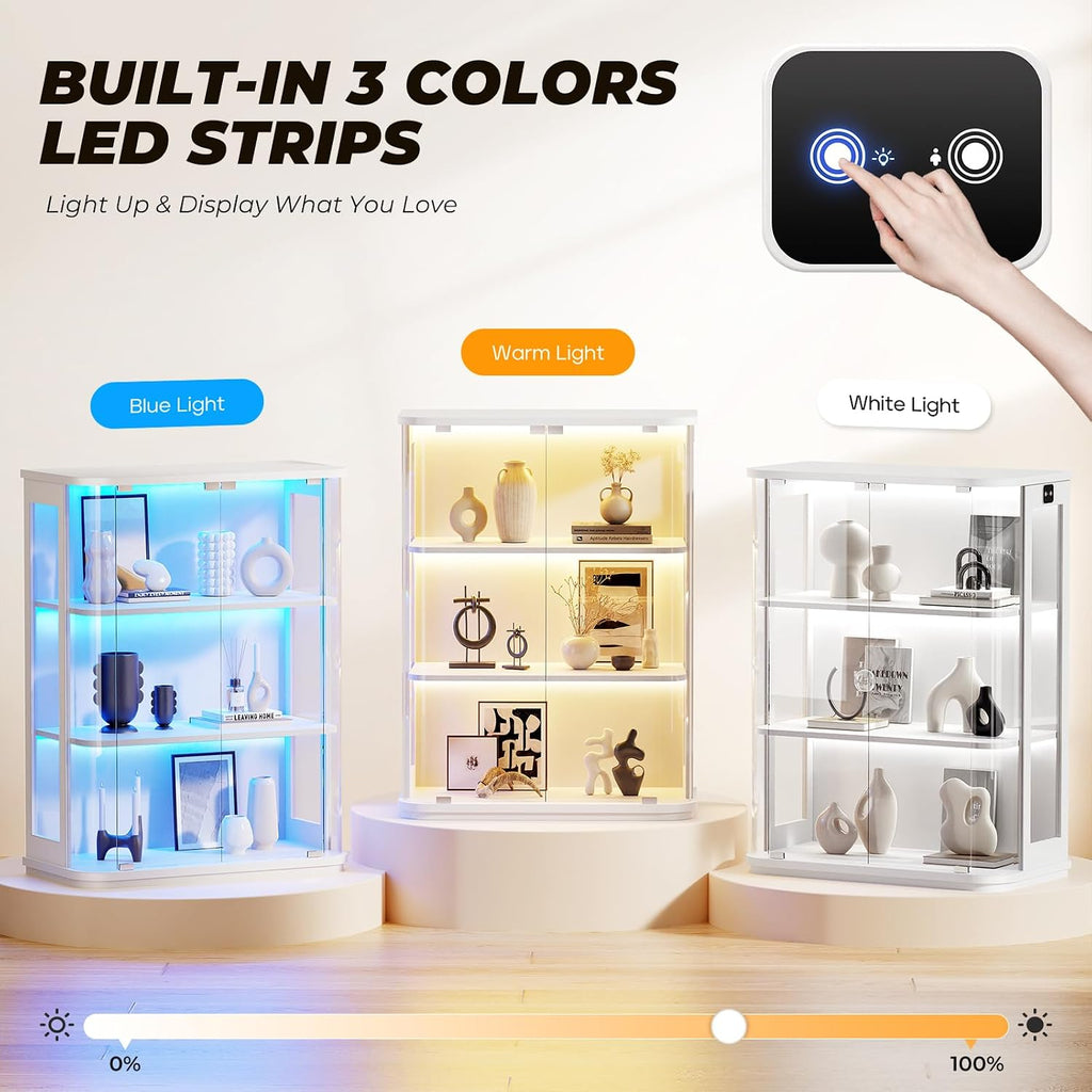 BROTTAR Rounded Display Cabinet with Glass Door, 3-Tier Curio Cabinet with 3 Color Lights for Collectibles, Glass Display Case with Transparent Full-Display Surface, Human Body Sensor, White