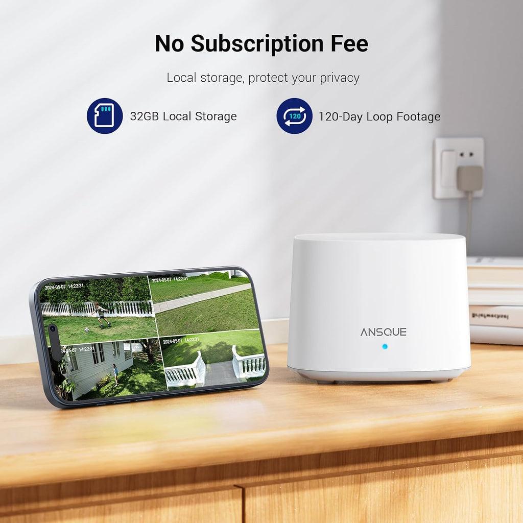 ANSQUE Solar Security Cameras Wireless Outdoor, 2-Cam-Kit, 2K Home Security Camera System, 365-Day Battery Life, No Subscription Fee, Easy to Install, Color Night Vision, Local Storage
