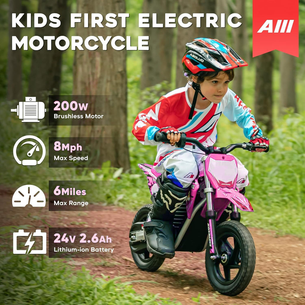 AIII Electric Dirt Bike for Kids 3-7, High Performance Racing Grade Motorcycle, Up to 8MPH, 2 Speed Settings, 12-Inch Off-Road Tires, Rear Disc Brakes & Advanced Shock Absorption, Pink