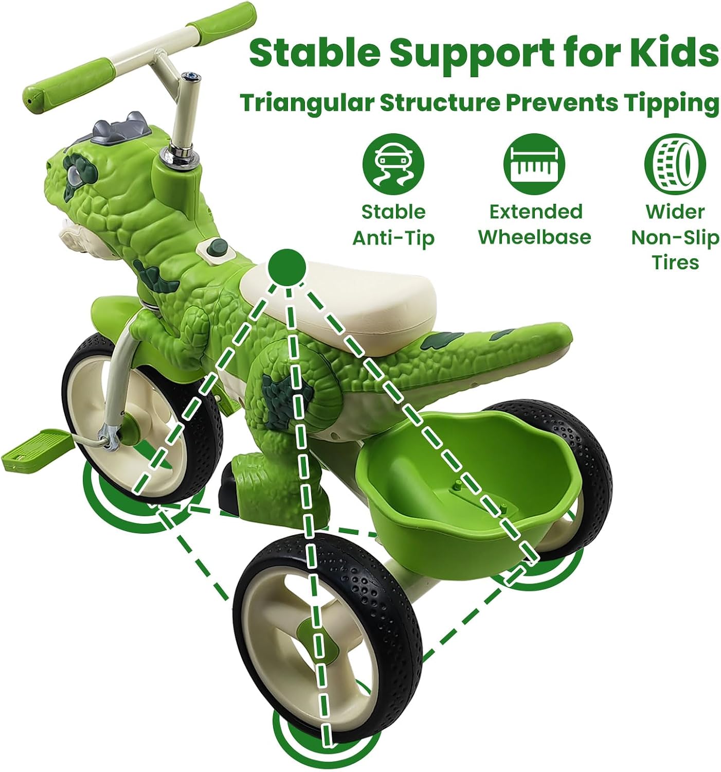 Dinosaur Kids Tricycle for Ages 3-7 Years, Kids Trike Bike Big Wheel with Rubber Wheels, Storage Basket and Music Light, Indoor Outdoor Preschool Kids Bike, Gift for Ages 3-7 Girls & Boys