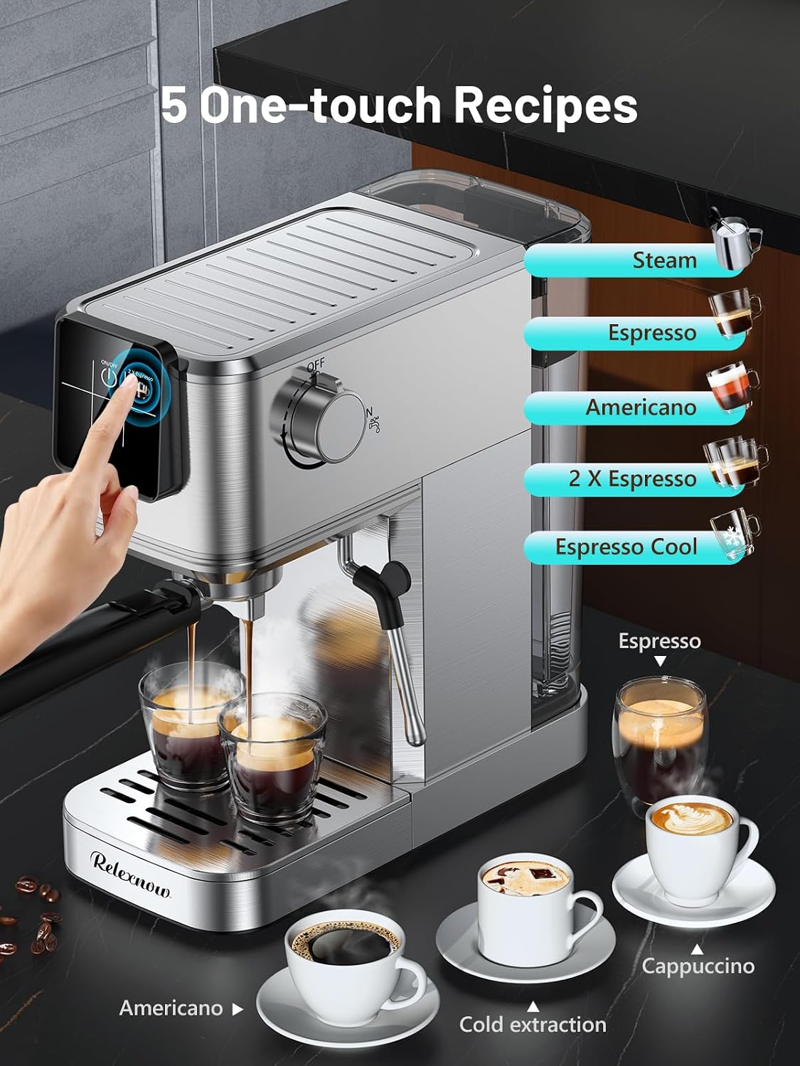 RELEXNOW Espresso Machine, 20 Bar Espresso Maker Milk Frother & LCD Panel, Hot & Iced with Rapid Cold Brew, Stainless Steel Espresso Coffee Machine with 41oz Water Tank for Cappuccino, Latte