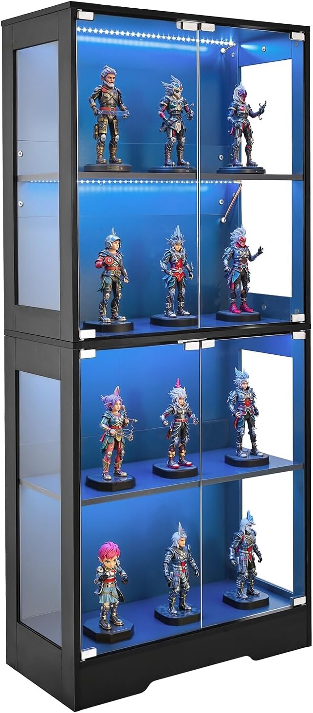 VEVOR Display Cabinet with Glass Doors, 65 in Tall Lighted Display Case with 3 Color Lights, 4-Tier Curio Collectibles Storage Cabinet, Bookshelf Bookcase for Pantry Bedroom Living Room Office