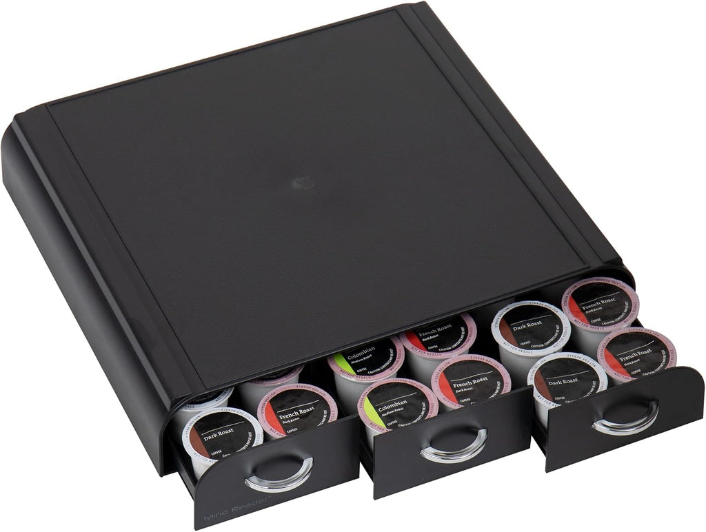 Mind Reader Single Serve Coffee Pod Organizer with 3 Drawers, 36 Pod Capacity, 13.5'L x 12.25'W x 2.5'H, Black (Pack of 8)