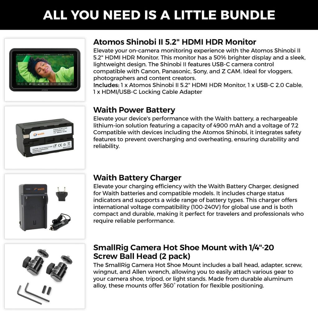 Atomos Shinobi II 5.2' HDMI Camera Monitor with HDR Touchscreen Display | Lightweight Monitor for Photography with Battery, Charger and Camera Hot Shoe Mount Advanced Bundle Set