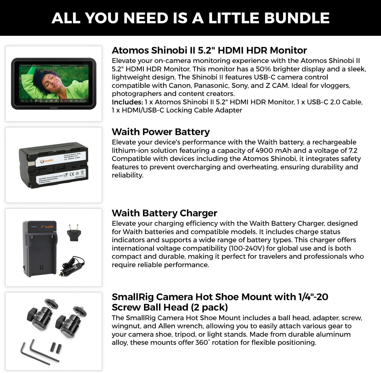 Atomos Shinobi II 5.2' HDMI Camera Monitor with HDR Touchscreen Display | Lightweight Monitor for Photography with Battery, Charger and Camera Hot Shoe Mount Advanced Bundle Set