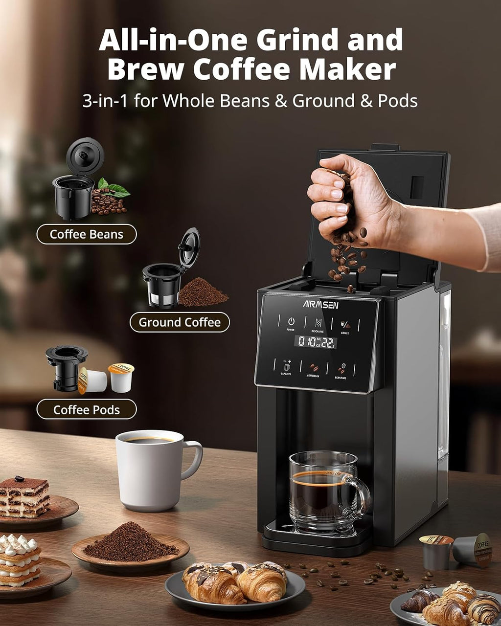 AIRMSEN Grind & Brew Coffee Maker with Built-in Grinder - Single-Serve Machine Compatible with K-Cup Pods & Ground Coffee, 1000W Fast 6-14oz Brew, Descaling Alert, Touchscreen & 50oz Removable Tank
