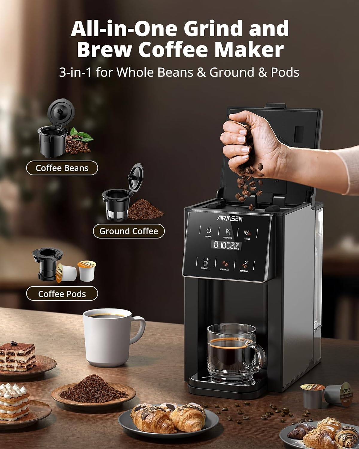 AIRMSEN Grind & Brew Coffee Maker with Built-in Grinder - Single-Serve Machine Compatible with K-Cup Pods & Ground Coffee, 1000W Fast 6-14oz Brew, Descaling Alert, Touchscreen & 50oz Removable Tank