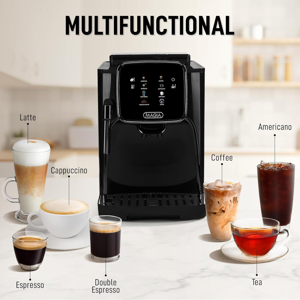 Zulay Kitchen Magia Clasica Automatic Espresso Machine with Built-In Grinder, Touch Panel Coffee Maker, Steam Wand Milk Frother, Adjustable Strength, Self-Cleaning, Black (13' x 17.7' x 9.4')