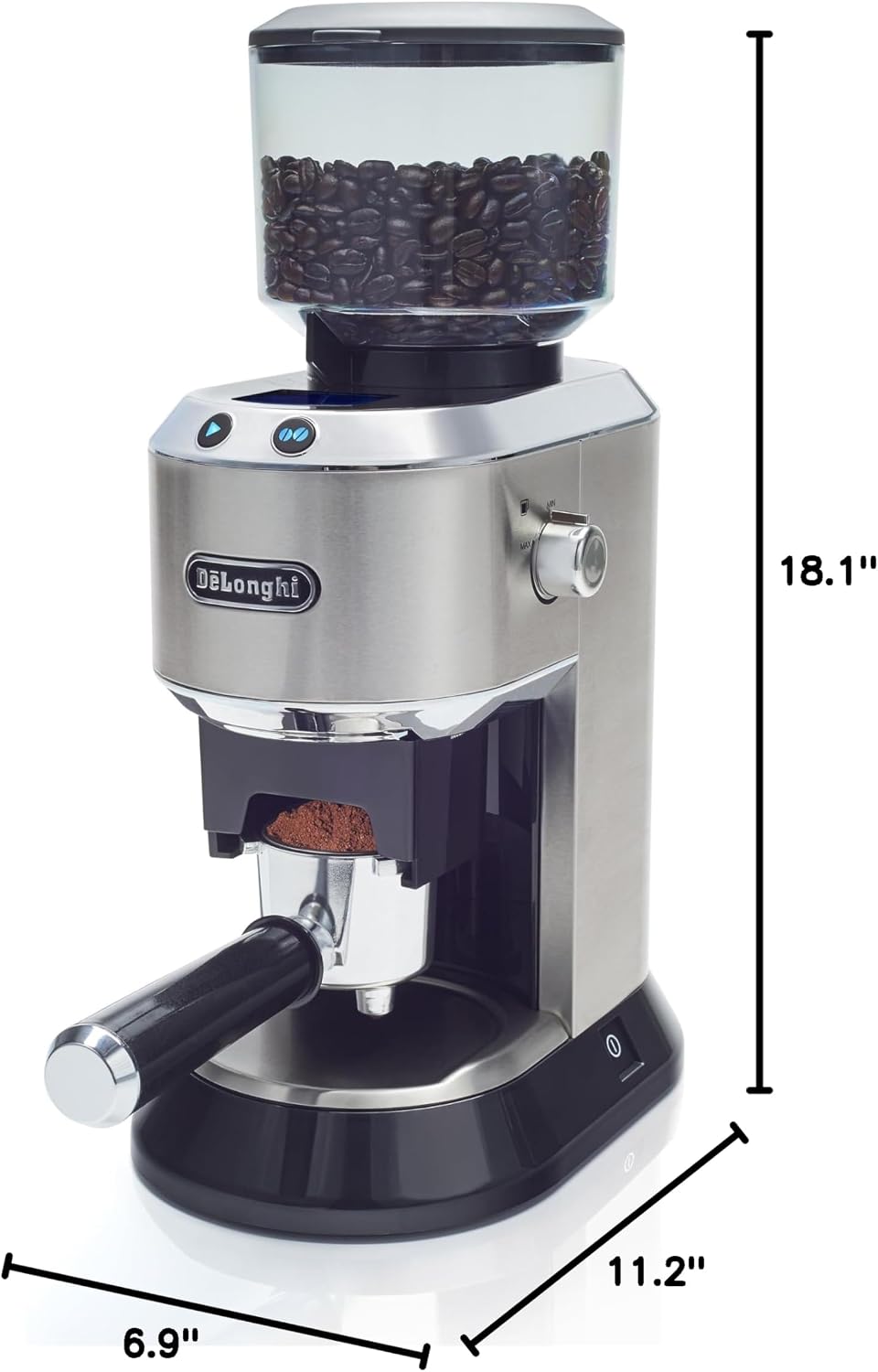 De'Longhi Dedica Conical Burr Grinder with Portafilter Attachment, 6.9 x 11.2 x 18.1 inches, Silver
