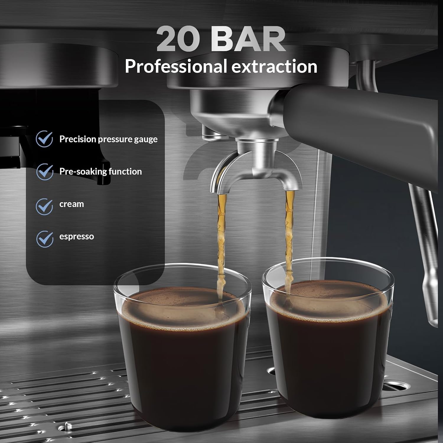 20 Bar Espresso Machine with Grinder & Milk Frother Steam Wand, 96 oz Removable Water Tank, Expresso Coffee Machines Commercial Espresso Maker for Home or Café, latte, Cappuccino - Stainless Steel