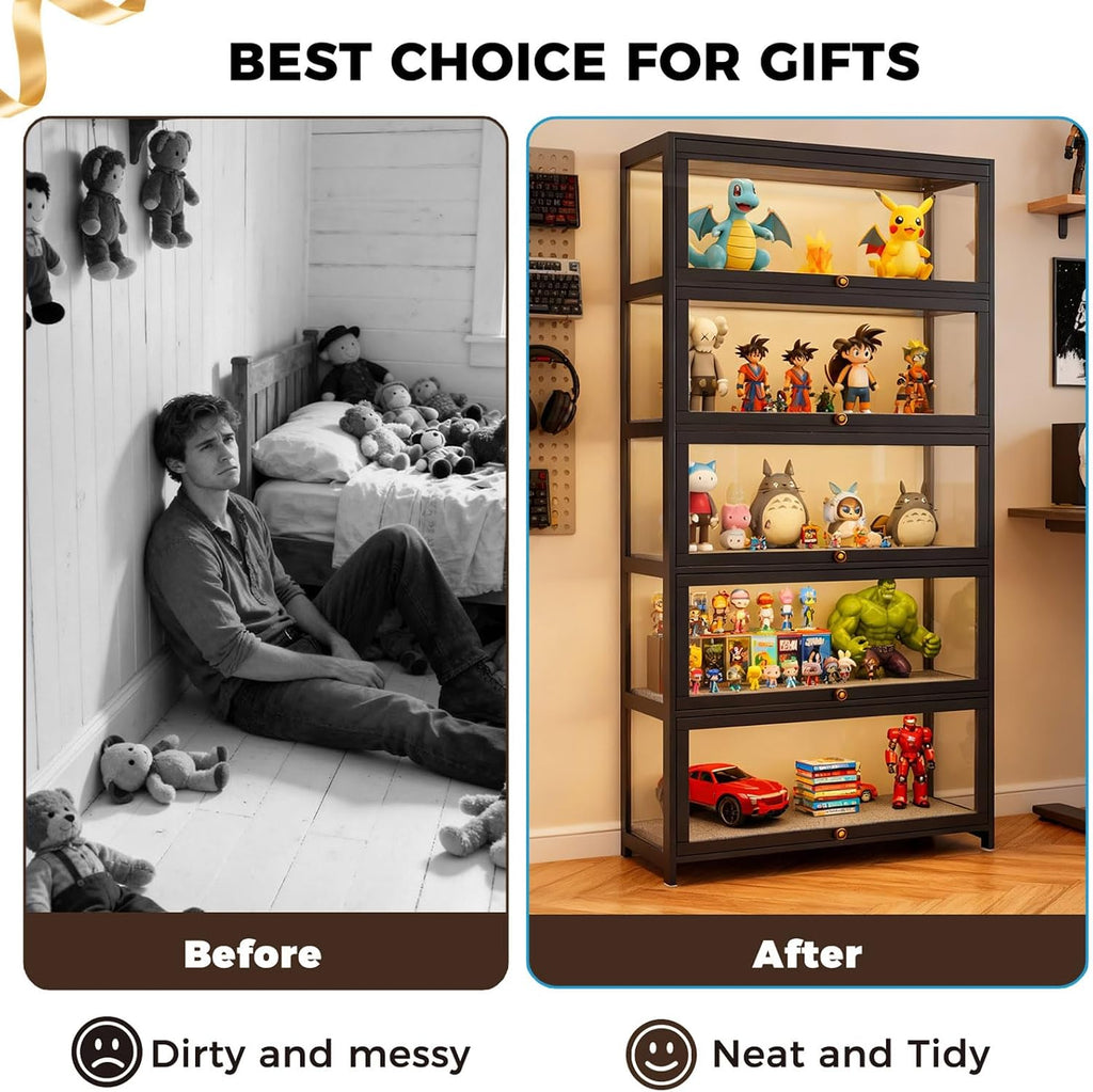 Display Cabinet with Acrylic Glass Doors 5-Tier Curio Cabinet - Collectibles Toy Organizers Rack & Display Shelf - Bookcase for Home Office Playroom Living Room Books Toys (Black)