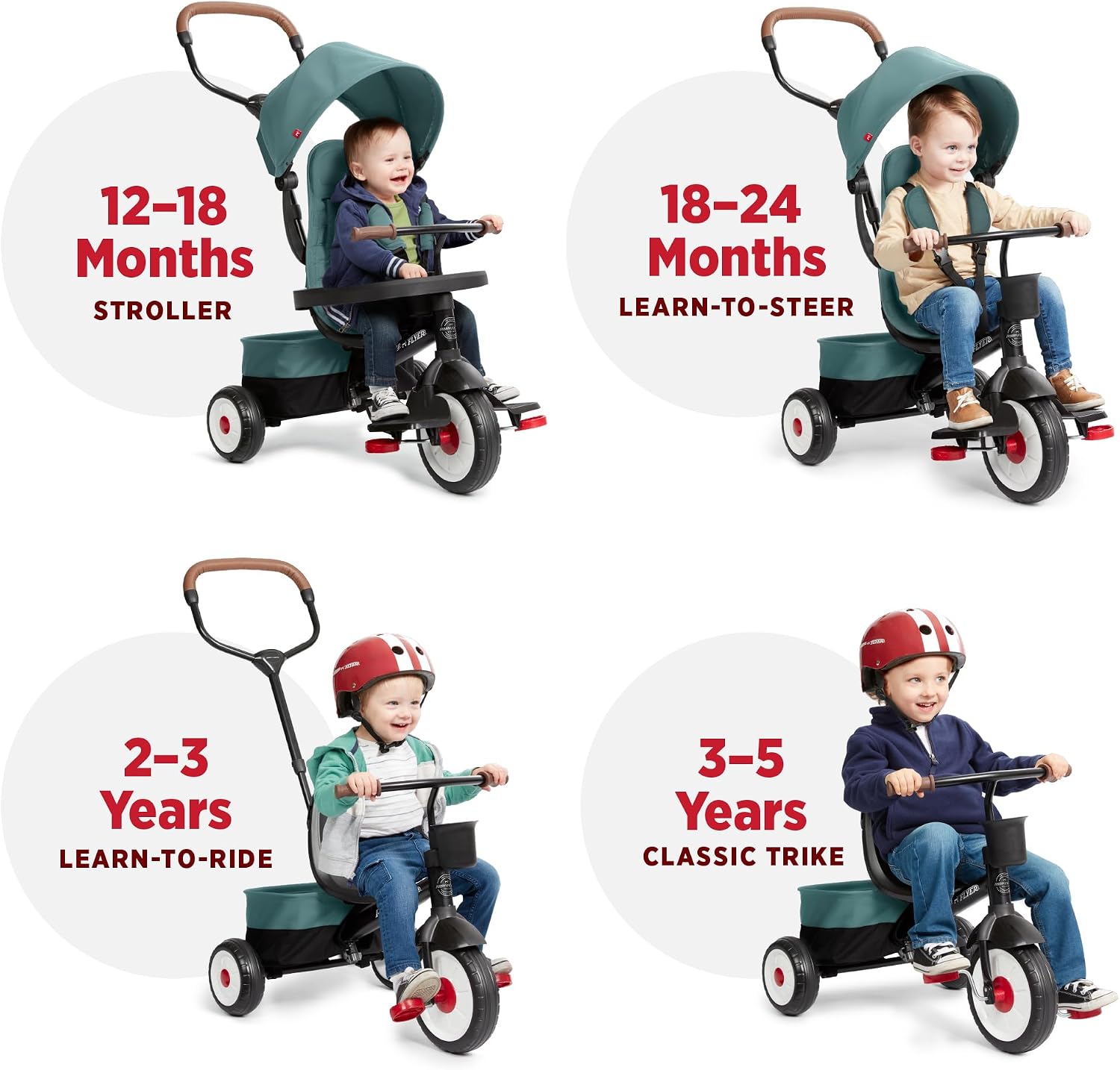 Radio Flyer City 4-in-1 Stroll 'N Trike, Teal, for Riders 1-5 Years Old, 4 Riding Modes, 3 Point Harness with Comfort Pad, Parent Controlled Steering, Rear Storage, Stroller Tricycle for Toddlers
