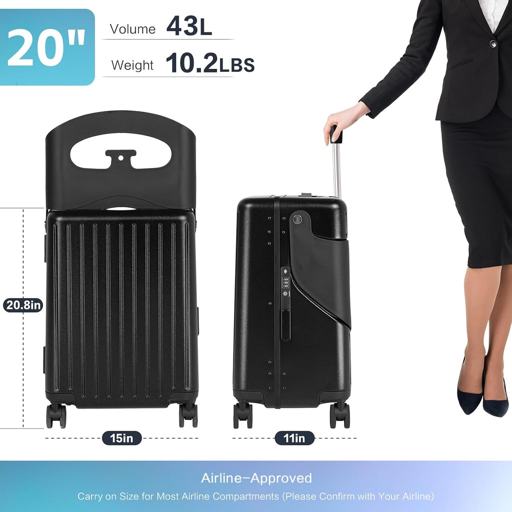 smilesun 20' Carry On Luggage with Seat For Kids & Adults，Hardside Ride On Suitcase Front Opening with 360°Spinner and TSA Lock For Travel (Black with Front Open, 20')