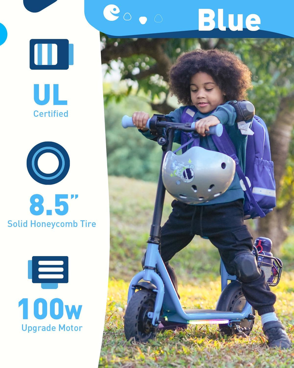 Hiboy Q2 Lite Electric Scooter with Seat for Kids Ages 4–10, LED Lights, UL Certified, 9.3 MPH, 100W Motor, Easy Control