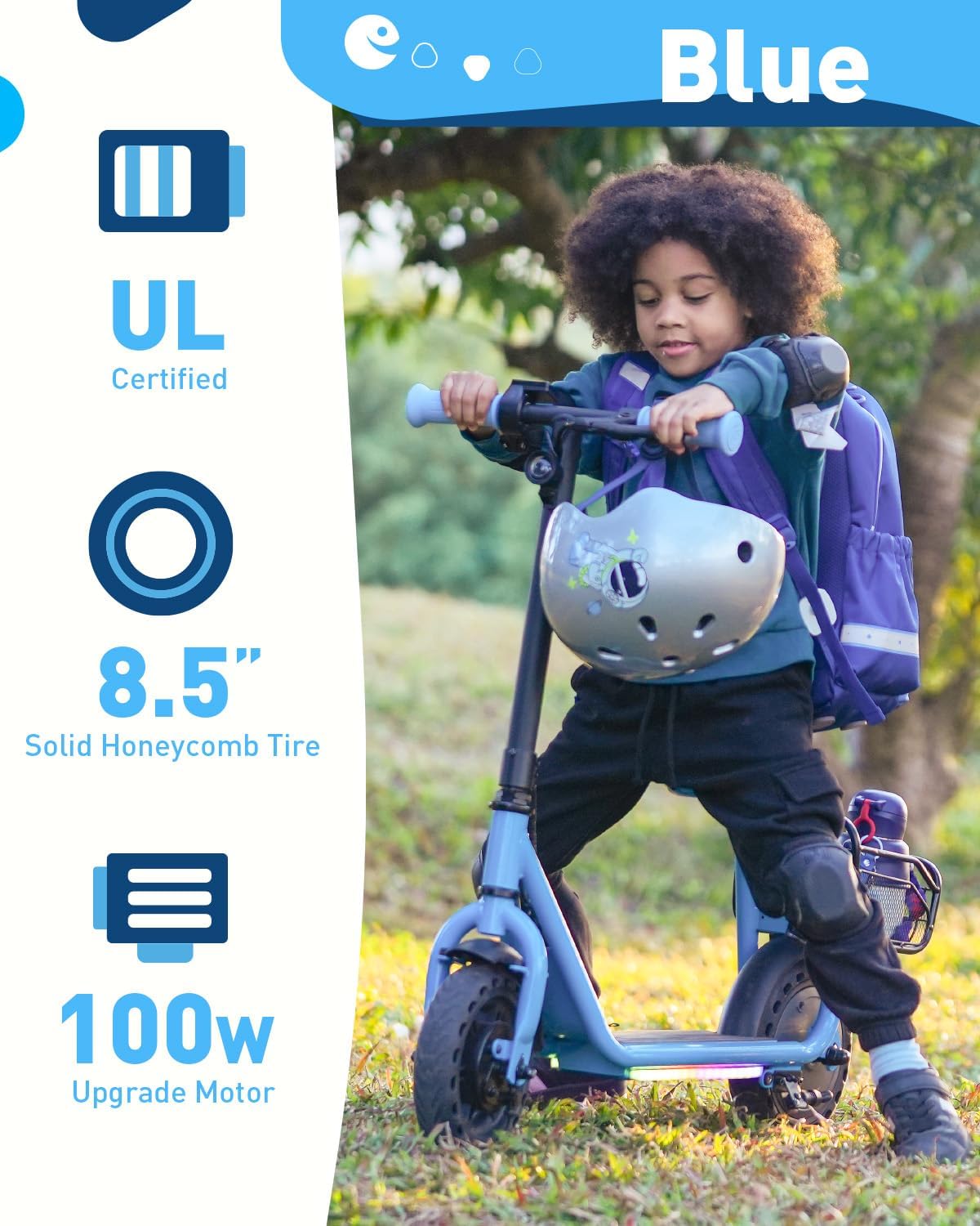 Hiboy Q2 Lite Electric Scooter with Seat for Kids Ages 4–10, LED Lights, UL Certified, 9.3 MPH, 100W Motor, Easy Control