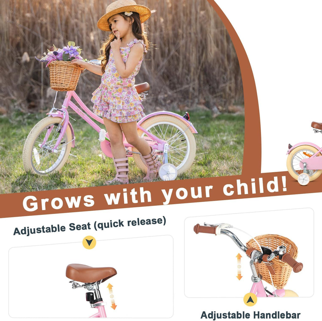 Glerc Little Molly 12-20 Inch Kids Retro Cruiser Bike for 2-13 Year Old with Wicker Basket & Training Wheels/Kickstand, Multiple Colors
