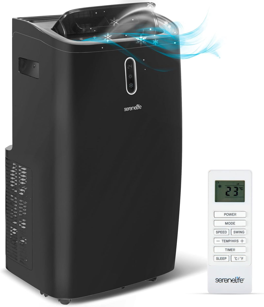 SereneLife 12000 BTU Portable Air Conditioner - 3-in-1 Compact Standing Air Conditioner for Room Up to 380 Sq. Ft. - Floor AC Unit with Remote Control - Universal Casters, Window Mount Kit