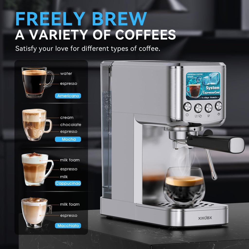 XIXUBX Espresso Machine 20 Bar with Milk Frother, Stainless Steel Coffee Maker with 42 oz Removable Water Tank for Cappuccino, Latte&Cold Brew, Home&Office, Silver