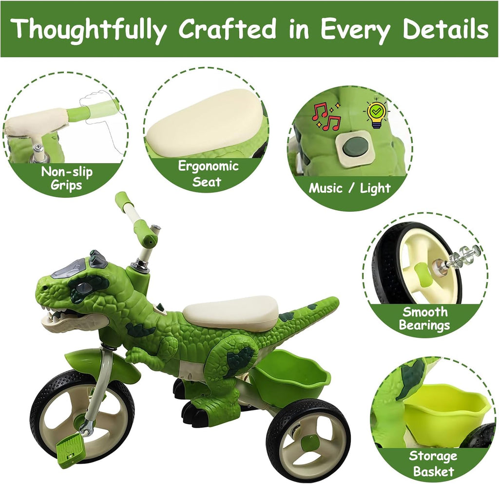 Dinosaur Kids Tricycle for 2-6 Year Olds, Kids Trike Big Wheel with Rubber Wheels, Storage Basket, Music Lights, Indoor Outdoor Preschool Kids Bike, Birthday Gift for Girls & Boys