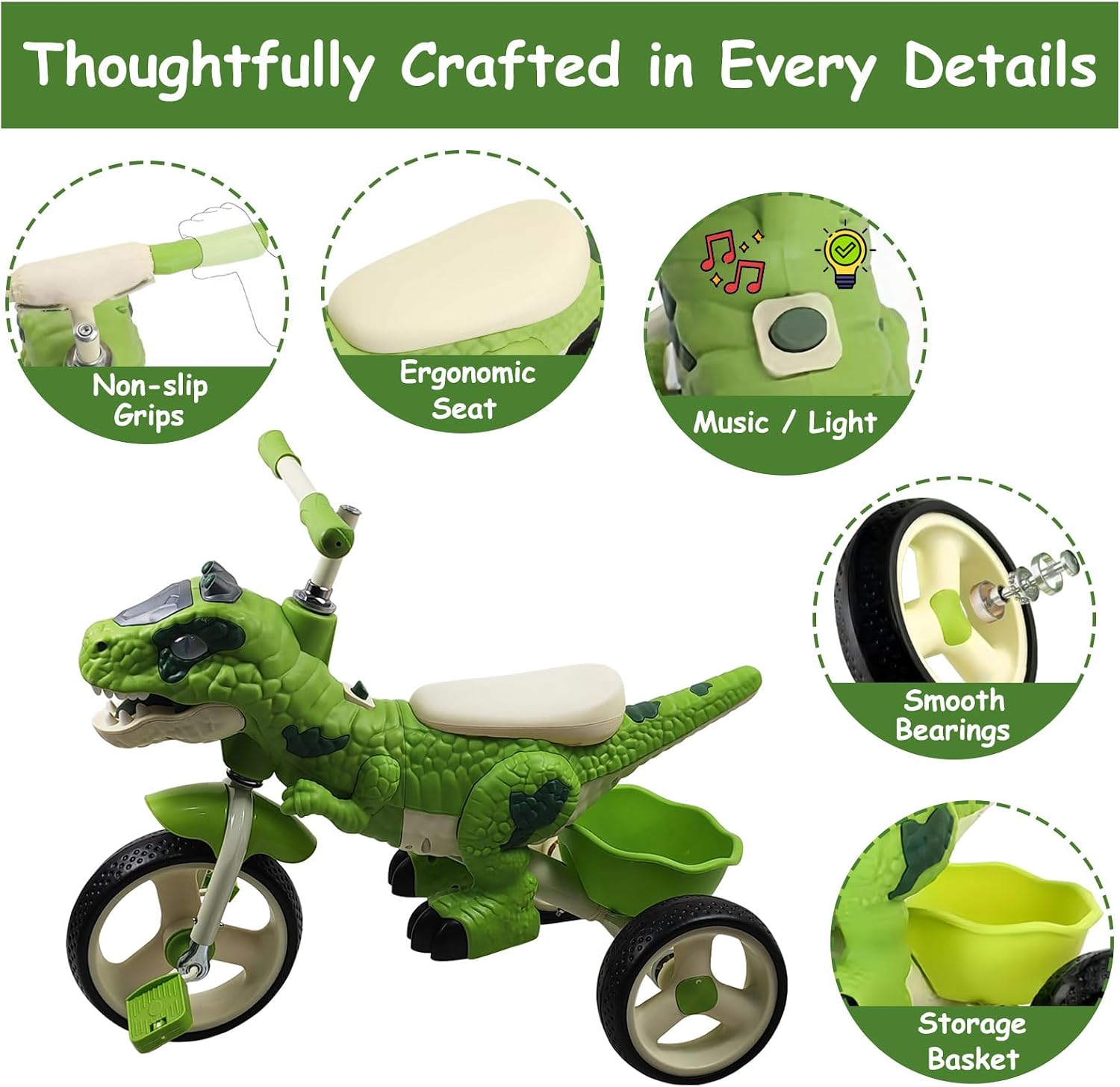 Dinosaur Kids Tricycle for 2-6 Year Olds, Kids Trike Big Wheel with Rubber Wheels, Storage Basket, Music Lights, Indoor Outdoor Preschool Kids Bike, Birthday Gift for Girls & Boys