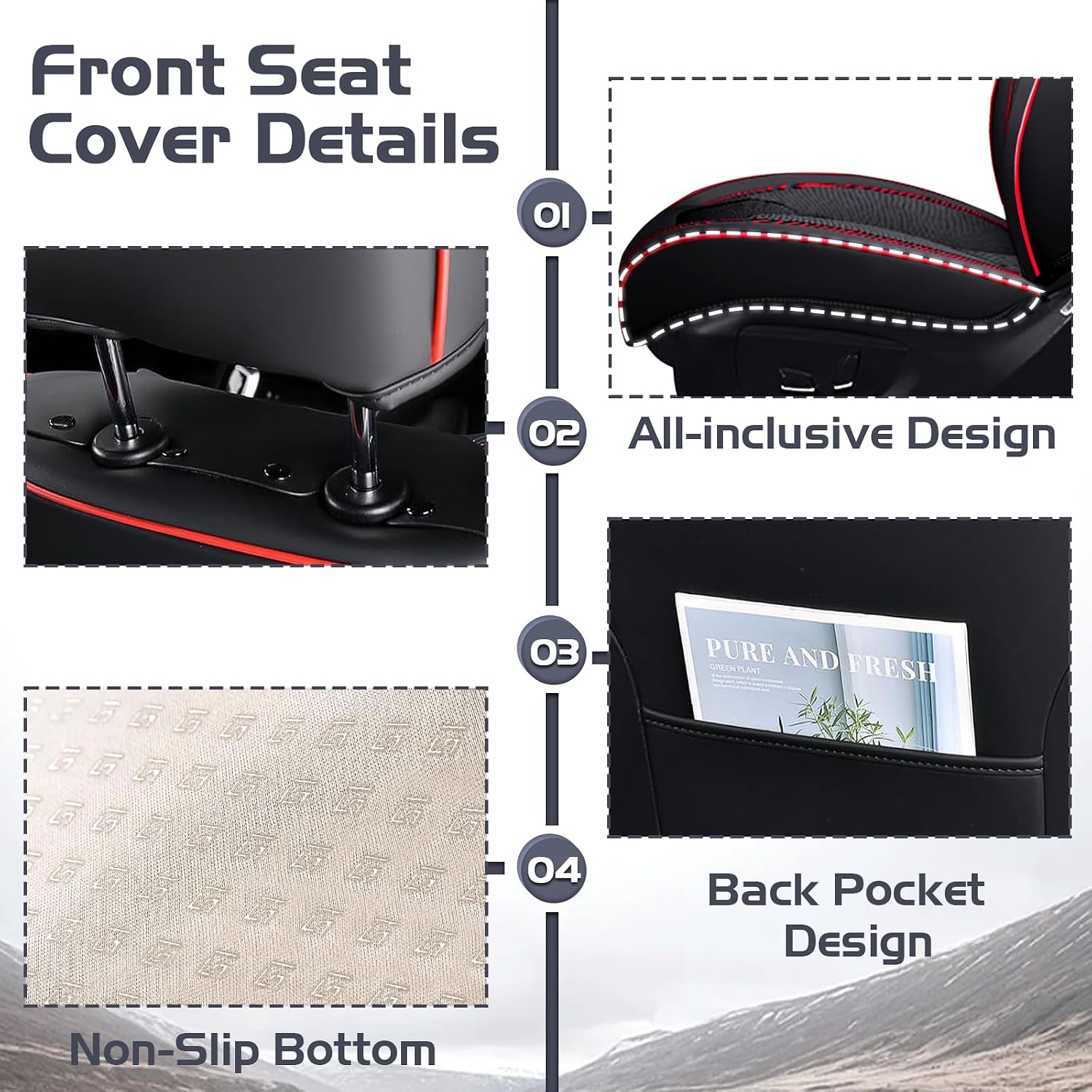 Car Seat Covers for Toyota C-HR 2018-2022, Waterproof Nappa Leather Front Seat Cover with Headrests, Anti-Slip and Comfortable Automotive Seat Protector&Accessories(Black Red)