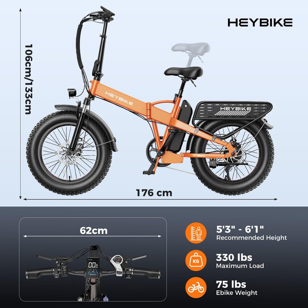 Heybike Mars 2.0/3.0 Foldable Electric Bike, UL2849 Certified, 70+Miles Long Range, 1400W/1800W Peak Motor 32MPH, 624WH Removable Battery, 20'*4 Fat Tire Ebike for Snow, Commute, Full Suspension