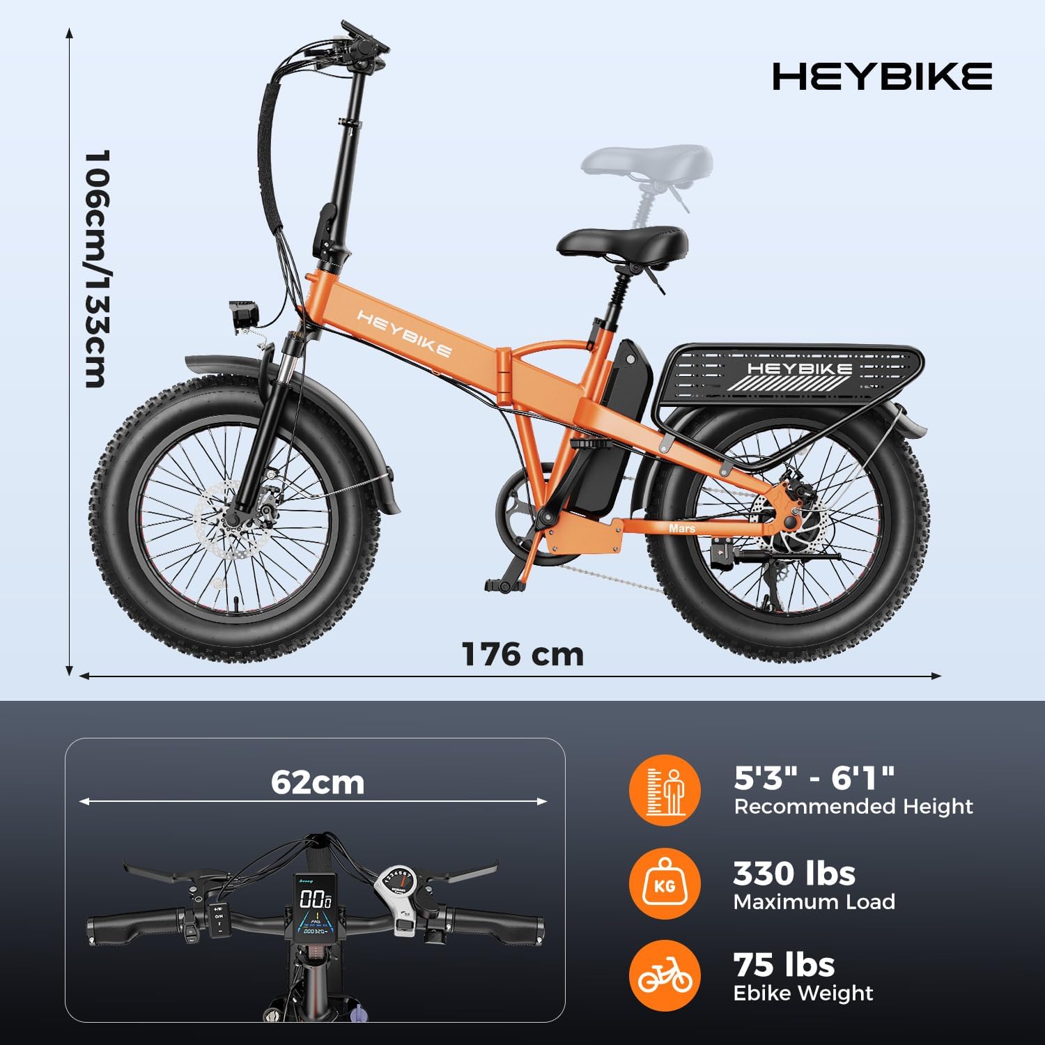 Heybike Mars 2.0/3.0 Foldable Electric Bike, UL2849 Certified, 70+Miles Long Range, 1400W/1800W Peak Motor 32MPH, 624WH Removable Battery, 20'*4 Fat Tire Ebike for Snow, Commute, Full Suspension