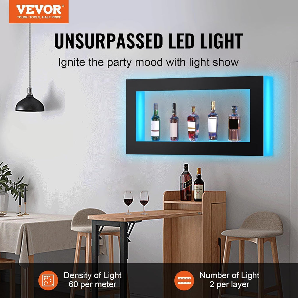 VEVOR LED Lighted Liquor Bottle Display Shelf, Square 48 Inches, Supports USB,Illuminated Home Bar Shelf w/RF Remote & App Control 7 Static Colors 1-4 H Timing, Acrylic Wall-Mounted Shelf