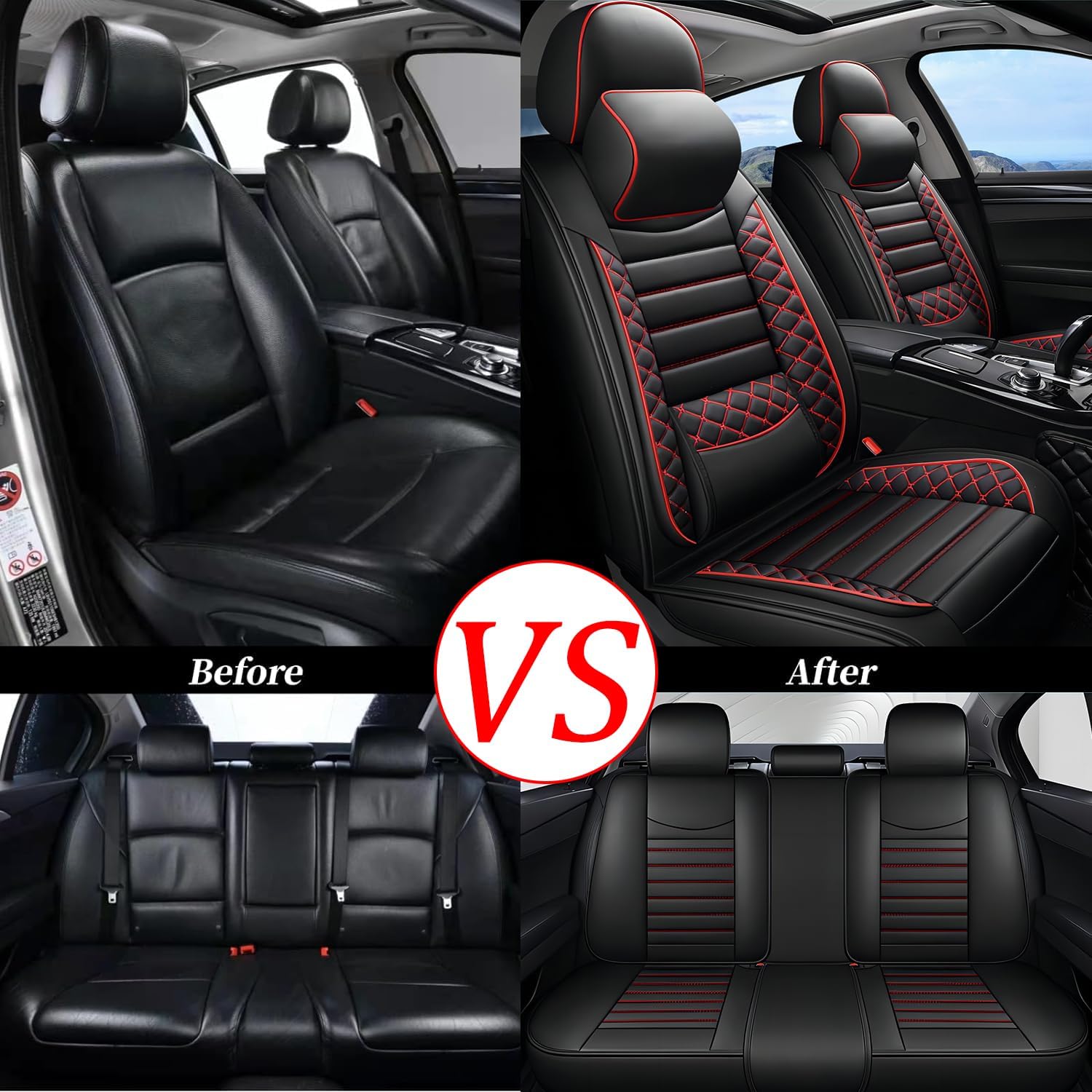 Seat Covers for Jeep Grand Cherokee 2011-2024 2025 2026,Full Set Luxury Leather Car Seat Cover Waterproof 5 Seat Protectors,Breathable Vehicle Seat Cover Airbag Compatible Cushion(Red Black, Pillows)