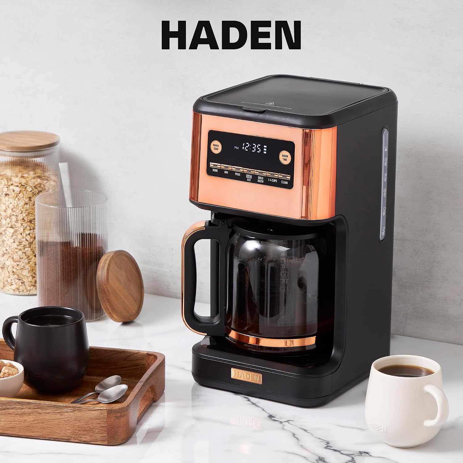 HADEN Generous Brew 14 Cup Coffee Maker with 120 Minute Keep Warm, Delay Brew, Adjustable Strength, Programmable Clock, and Anti Drip, Black/Copper