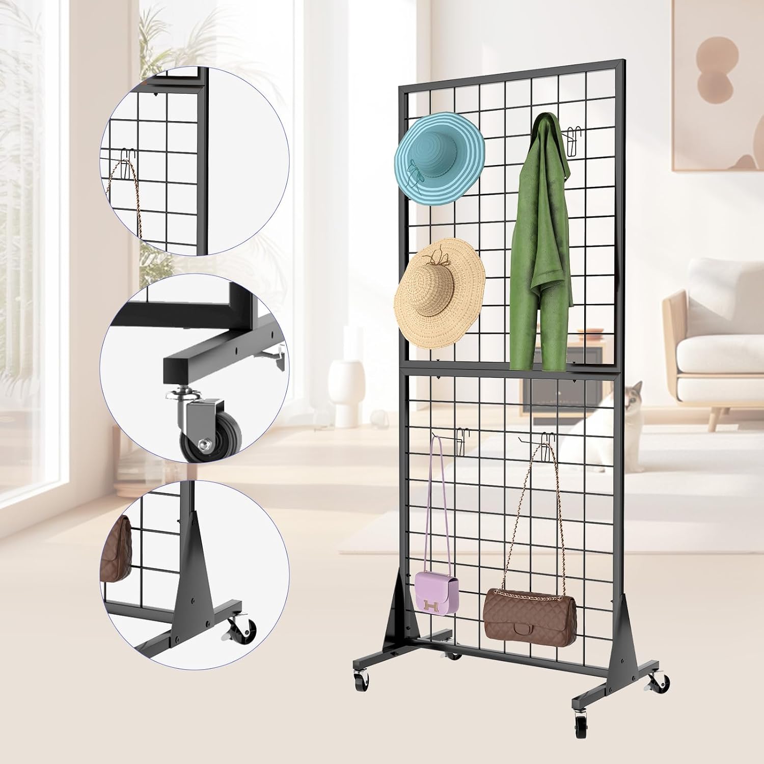 4-Pack 2'x5.5' Ft Gridwall Panel Display Stands Heavy Duty Floor Standing Retail Display Rack with Triangle Base for Retail Art Show With 20 Hooks