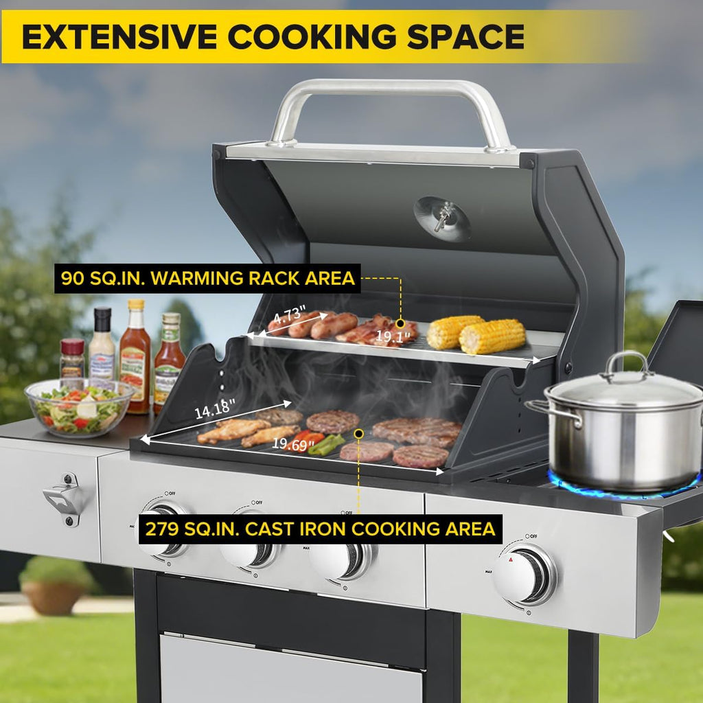 CIG GARDEN 3-Burner Propane Gas Grill With Side Burner, Double-layer Stainless Steel BBQ Grill with Lid Cast Iron Grates, 41,500 BTU Output Perfect for Outdoor Cooking, Backyard, Camping, BBQ Grill