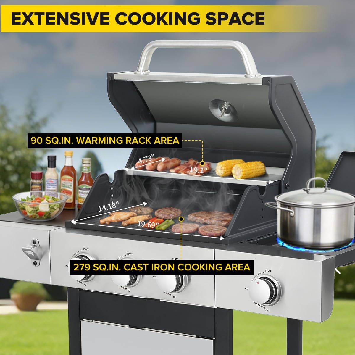 CIG GARDEN 3-Burner Propane Gas Grill With Side Burner, Double-layer Stainless Steel BBQ Grill with Lid Cast Iron Grates, 41,500 BTU Output Perfect for Outdoor Cooking, Backyard, Camping, BBQ Grill