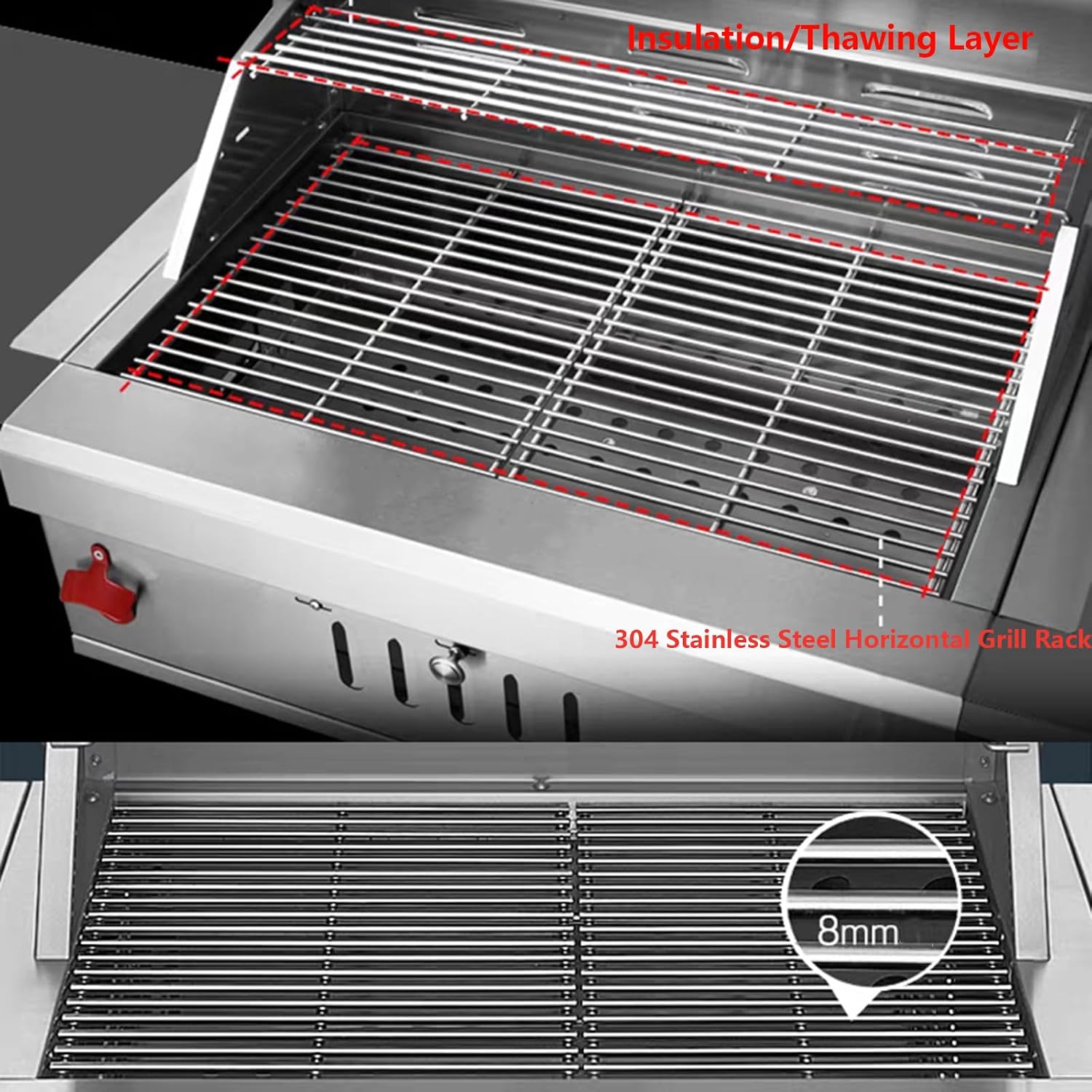 Built-In Stainless Steel Charcoal Grill for Outdoor Kitchen,28 Inch Large Charcoal BBQ Grills with Liftable Tray,Insulated Hood,Temperature Gauge & Cover for Camping,Patio,Park(Glass Square Lid)