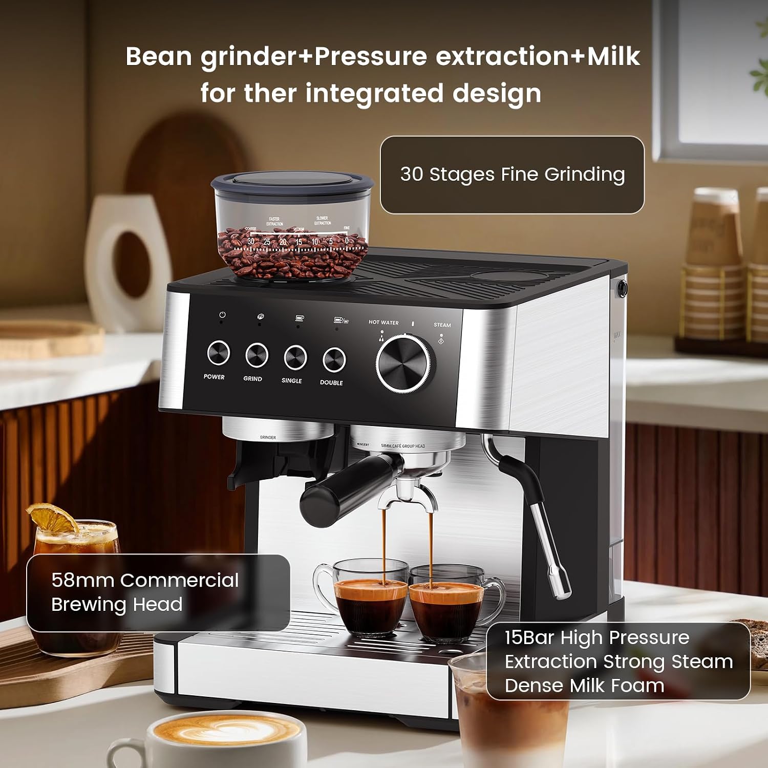 Joy Pebble 15 Bar Espresso Machine with Grinder & Milk Frother, All-in-One Coffee Maker for Home Baristas, 30-Position Grinder, 2.9L Removable Tank,for Cappuccino Latte