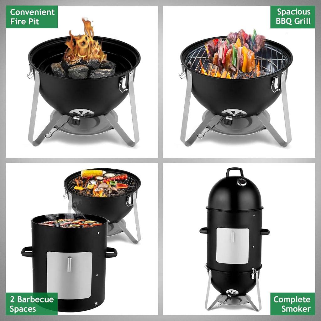 LEADZM 4-Tier 3-in-1 Vertical Charcoal Grill, BBQ Charcoal Smoker with Built-in Thermometer, Air Vent, and Access Doors, Perfect for Camping, Picnics, Backyard BBQs, and Tailgating Parties