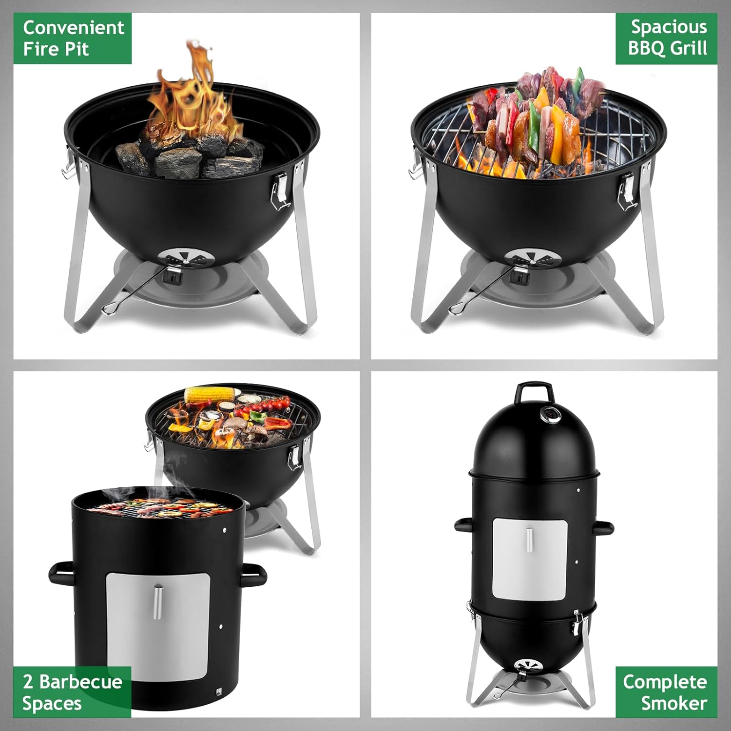 LEADZM 4-Tier 3-in-1 Vertical Charcoal Grill, BBQ Charcoal Smoker with Built-in Thermometer, Air Vent, and Access Doors, Perfect for Camping, Picnics, Backyard BBQs, and Tailgating Parties