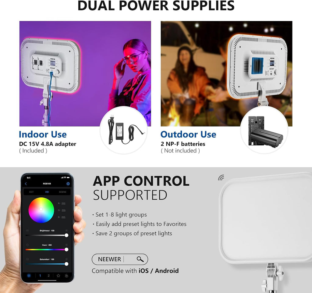 Neewer 18.3/'' RGB LED Video Light Panel with App Control Stand Kit 2 Packs, 360° Full Color,60W Dimmable 2500K~8500K RGB168 CRI97+ 17 Scene Effect for Game/YouTube/Zoom/Photography,White