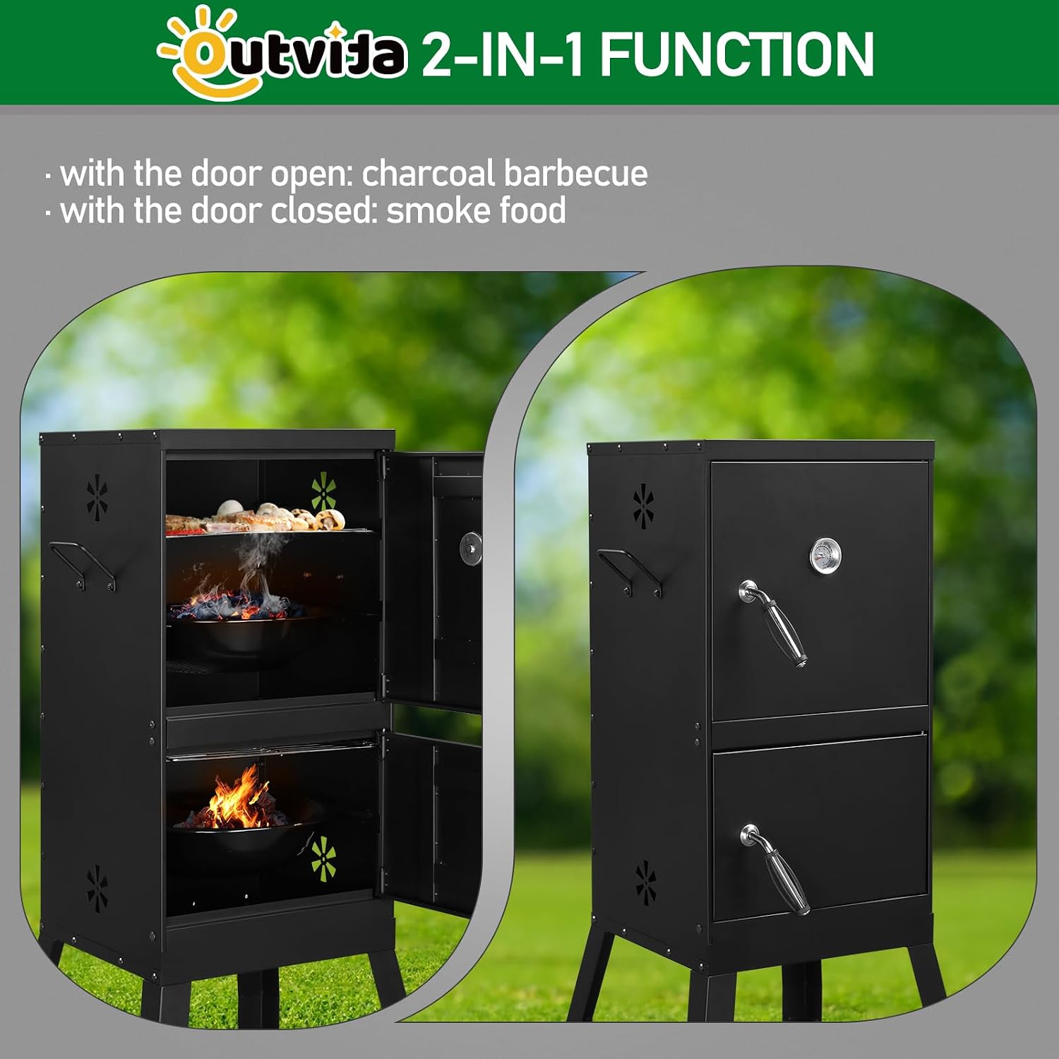 Outvita Outdoor Smoker with Double Doors, Vertical Charcoal Smoker, Outdoors Charcoal Barbeque with 2 Detachable Grill Netting Smoking Racks, Suitable for Lawn Picnic, Backyard BBQ, Black