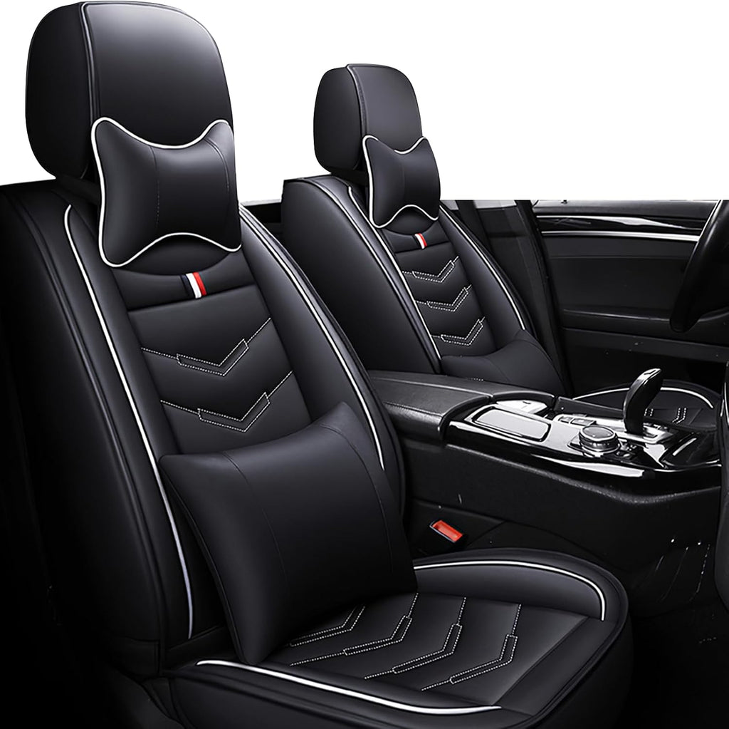 Car Seat Covers Fit for Chevy Traverse 2009-2025, Leather Seat Covers for Car, Waterproof Non-Slip Durable Car Seat Protector(2 Seats with Pillow,Black White)