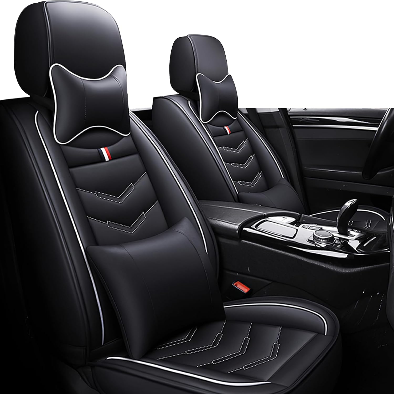 Car Seat Covers Fit for Chevy Traverse 2009-2025, Leather Seat Covers for Car, Waterproof Non-Slip Durable Car Seat Protector(2 Seats with Pillow,Black White)