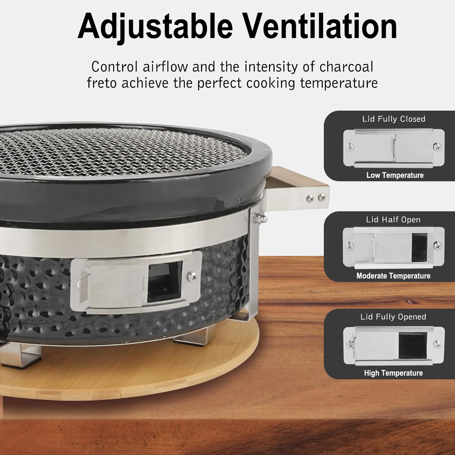 Yakitori Ceramic Charcoal Grill, Japanese Style Tabletop BBQ With Bamboo Heat Shield For Indoor/Outdoor, Round, DIA-14'