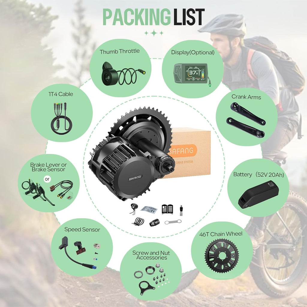 BAFANG 1000W Mid Drive Kit 52V BBSHD 68MM Ebike Conversion Motor Kit, Electric Bike M615 Optional 500C DM03 P860C C18-9 B02N T1 Display with 52V 20Ah Yingwu Battery