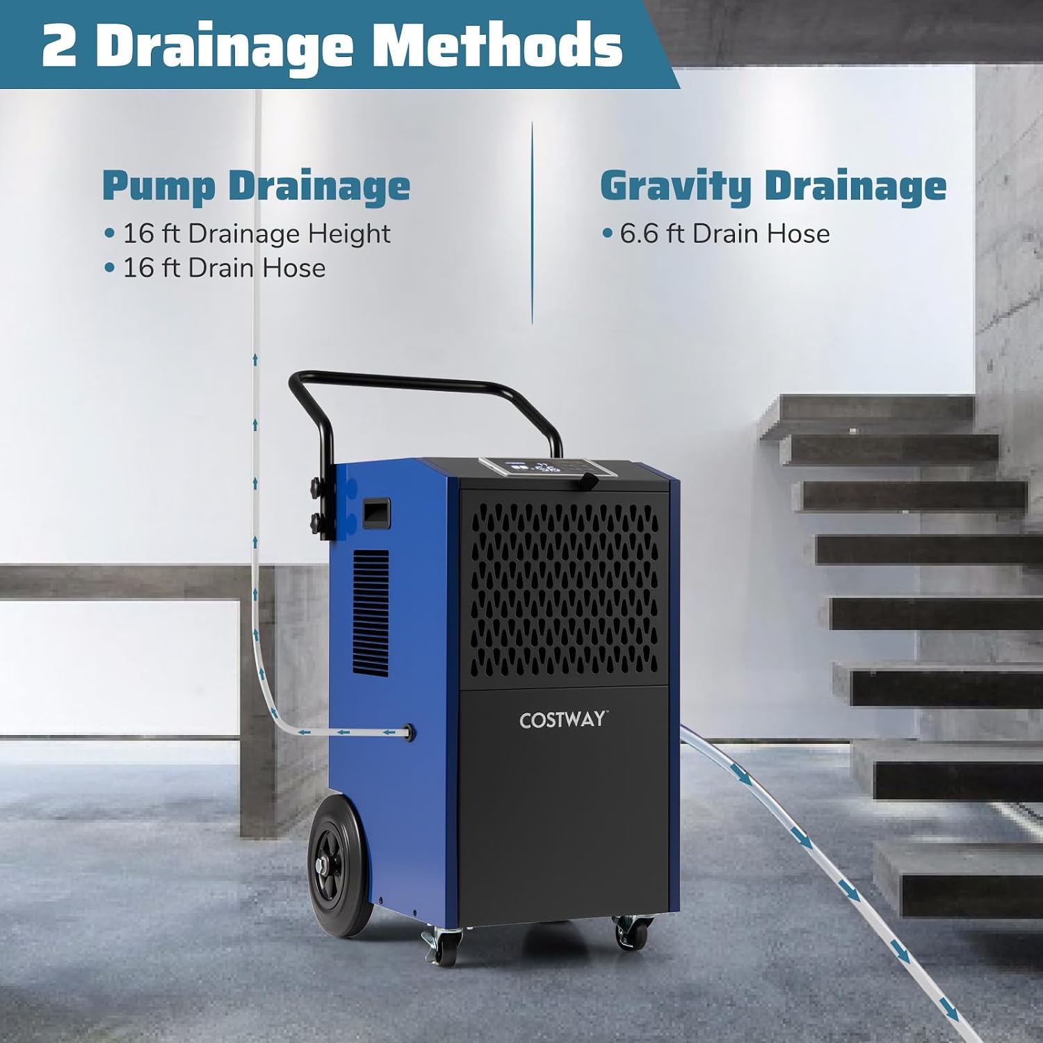 COSTWAY 154 Pints Commercial Dehumidifier with Pump, Portable Industrial Heavy Duty Large Dehumidifier with Drain Hoses for Basements, Job Sites (Blue, 16' x 16' x 31.5')