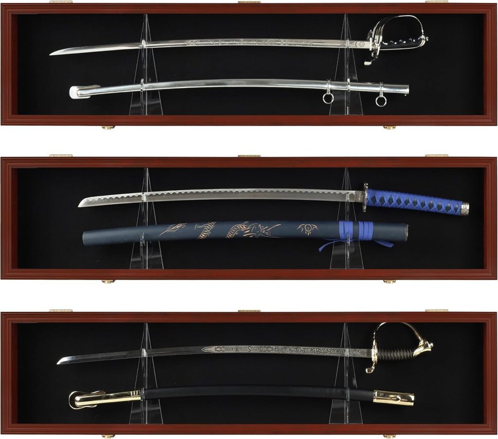 Sword Display Case Cabinet Stand Holder Wall Rack Holds Military Saber or Samurai Sword Lockable UV Protection Door Black Felt Inside, with Mahogany Finish Frame
