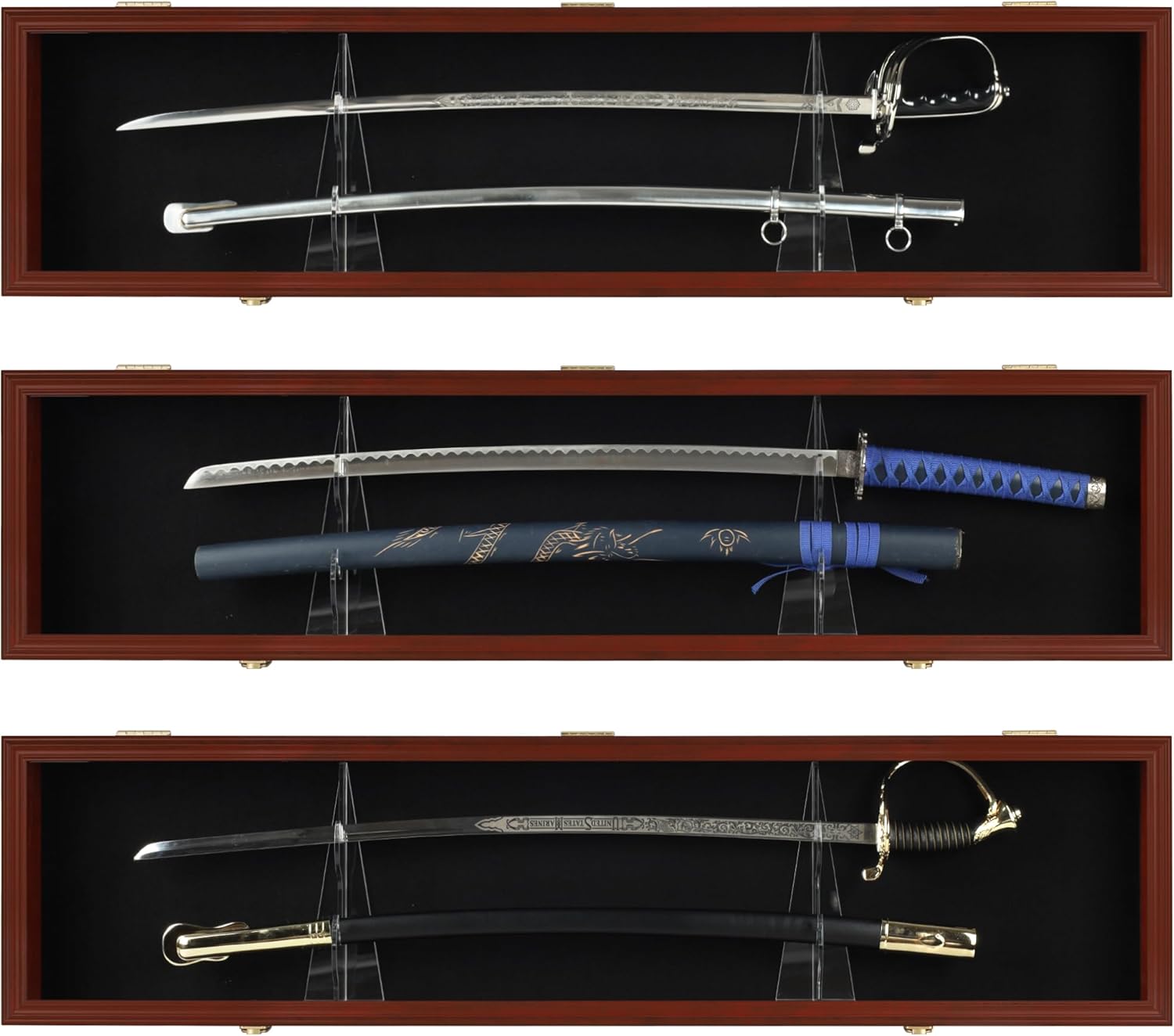 Sword Display Case Cabinet Stand Holder Wall Rack Holds Military Saber or Samurai Sword Lockable UV Protection Door Black Felt Inside, with Mahogany Finish Frame