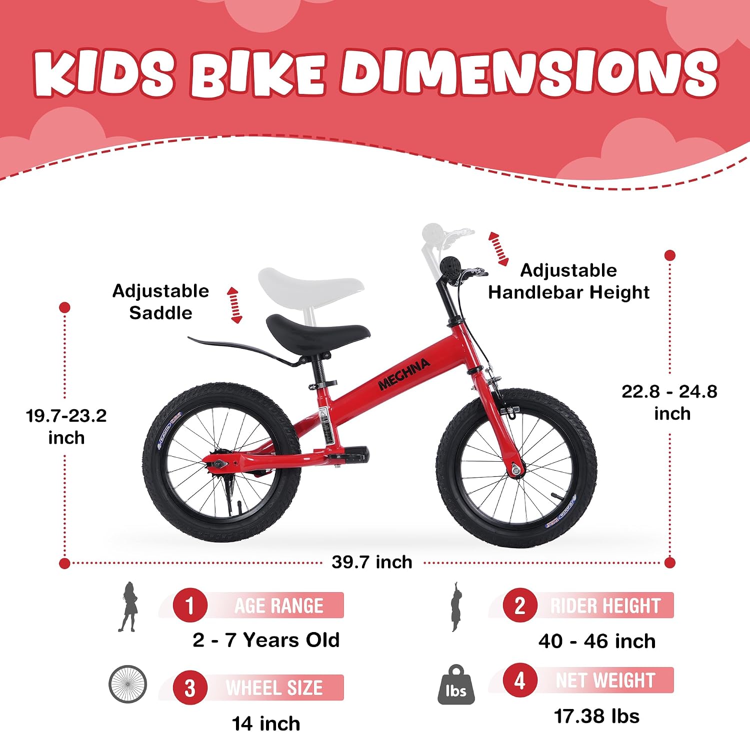 MEGHNA 2 in 1 Toddler Balance Bike 14 inch Wheel Kids Bike Aged 3-7 Years Old with Footrest Detachable Training Wheels Caliper and Coaster Brake Strider Bike for Boys Girls, Easy to Assembly