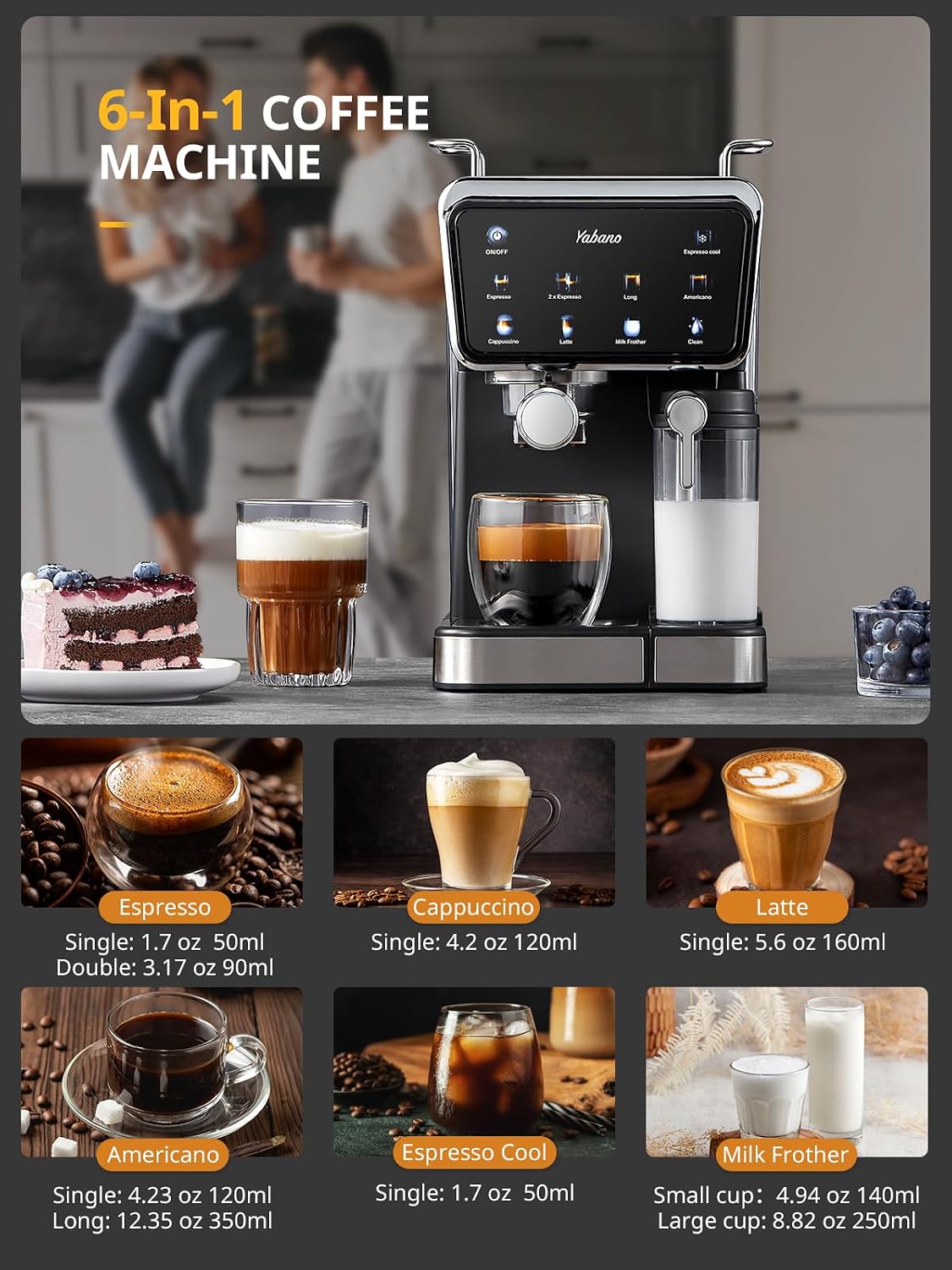 Yabano Espresso Machine with LED Touch Screen, 20 Bar Pressure & Automatic Milk Frother, 1.5L Water Tank, for Cappuccino, Americano & Latte, 1350W